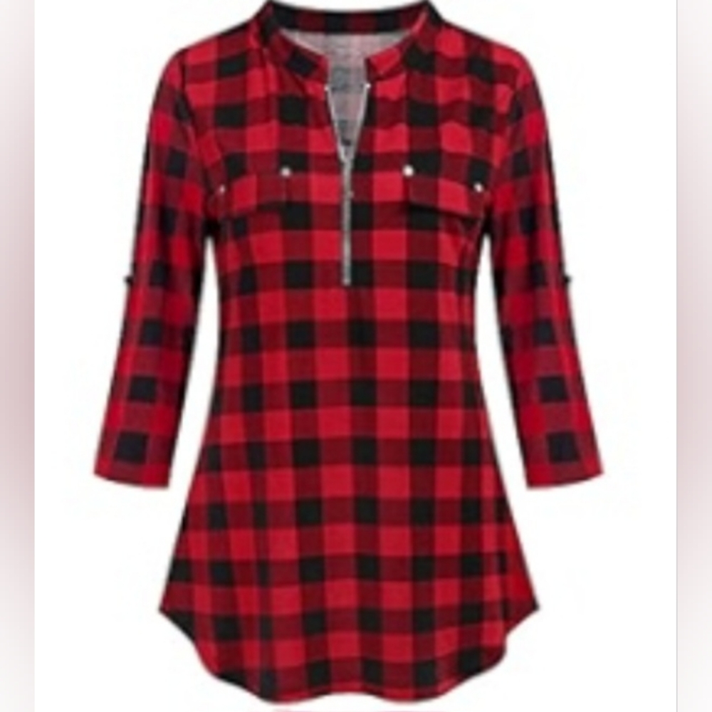 Ninedaily Blouse Top Women Size Large Zipped Plaid Black and Red Checkered Tunic